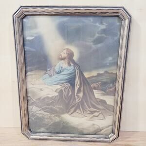 Vintage Jesus in the Garden of Gethsemane Picture Wood Octagon Frame 10" X 13"